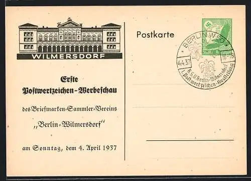 AK Berlin-Wilmersdorf, Erste Postwertzeichen-Werbeschau des Briefmarken-Sammler-Vereins 1937, Ganzsache