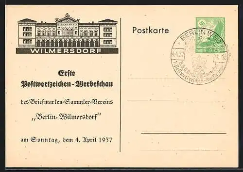 AK Berlin-Wilmersdorf, Erste Postwertzeichen-Werbeschau des Briefmarken-Sammler-Vereins 1937, Ganzsache
