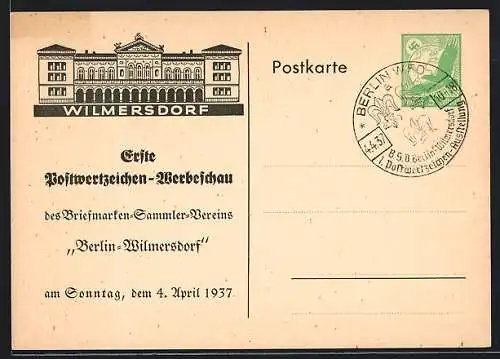 AK Berlin-Wilmersdorf, Erste Postwertzeichen-Werbeschau des Briefmarken-Sammler-Vereins 1937, Ganzsache