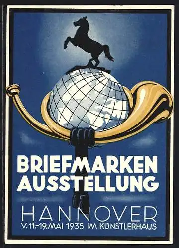 AK Hannover, Briefmarken-Ausstellung 1935, Posthorn, Pferd auf dem Globus, Ganzsache