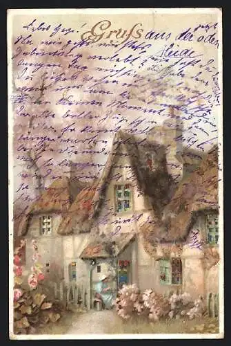 Lithographie Alte Fachwerkhäuser mit Strohdächern und leuchtenden Fenstern, Halt gegen das Licht