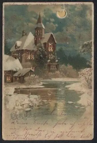 Lithographie Haus mit leuchtenden Fensterns im Schnee, Halt gegen das Licht