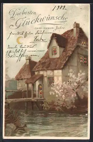 Lithographie Haus mit Teich und leuchtenden Fenstern, Halt gegen das Licht