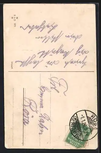 Künstler-AK Storch mit Baby überrascht eine Dame an der Wohnungstür, Prosit Neujahr, Halt gegen das Licht