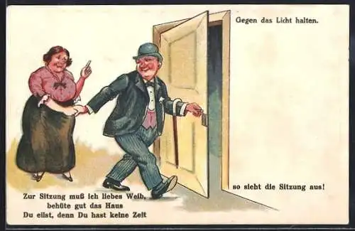 Künstler-AK Mann verlässt das Haus um sich mit einer anderen Frau zu treffen, Halt gegen das Licht
