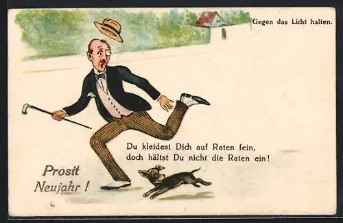 Künstler-AK Mann in eleganter Kleidung mit Hund, Flucht vor Gläubigern, Halt gegen das Licht