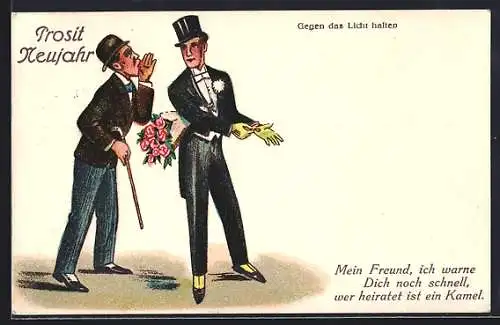 Künstler-AK Zwei Männer in Anzügen, einer mit Blumenstrauss, Frau auf einem Kamel bei Halt gegen das Licht