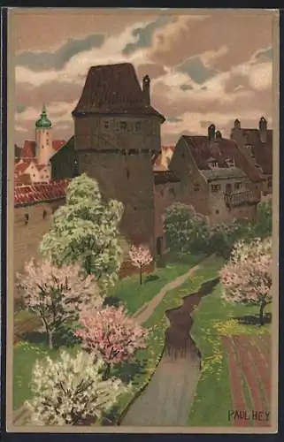 Künstler-Lithographie Paul Hey: Im Blütenflor, Weg zum Ort