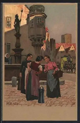 Künstler-Lithographie Paul Hey: Ortspartie mit Frauen am Brunnen und Postkutsche