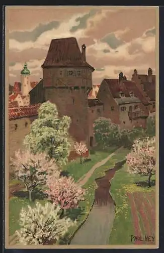 Künstler-Lithographie Paul Hey: Blühende Bäume an der Stadtmauer