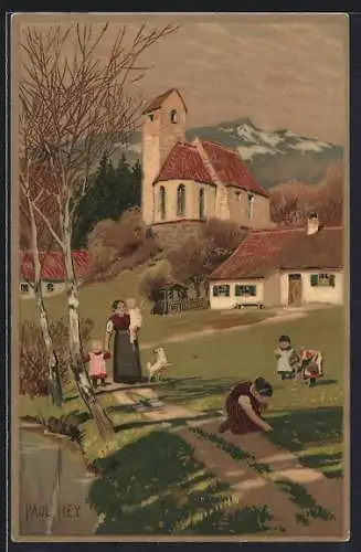 Künstler-Lithographie Paul Hey: Frühlingserwachen, Kinder pflücken Blumen