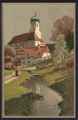 Künstler-Lithographie Paul Hey: Frühlingserwachen, Frau mit Kind beim Spaziergang