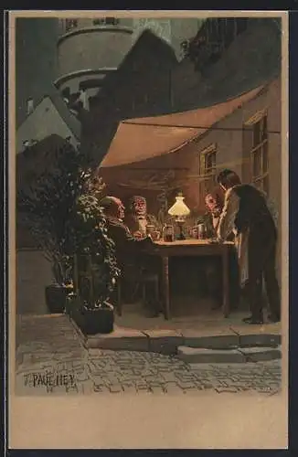 Künstler-Lithographie Paul Hey: Männer sitzen Abends auf der Terrasse des Gasthauses