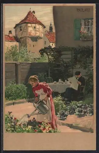 Künstler-Lithographie Paul Hey: Frau giesst Blumen, Mann liest Zeitung