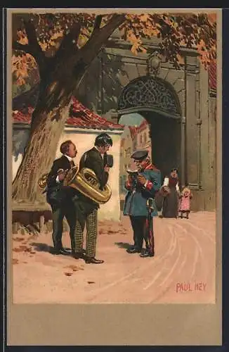 Künstler-Lithographie Paul Hey: Stadtszene mit Musikern und Hauptmann