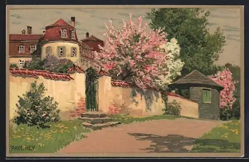 Künstler-Lithographie Paul Hey: Blühende Bäume im Sonnenschein