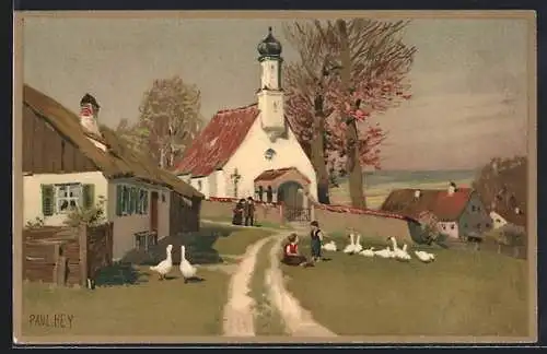 Künstler-Lithographie Paul Hey: Mädchen hütet ihre Gänse auf der Wiese vor der Kirche