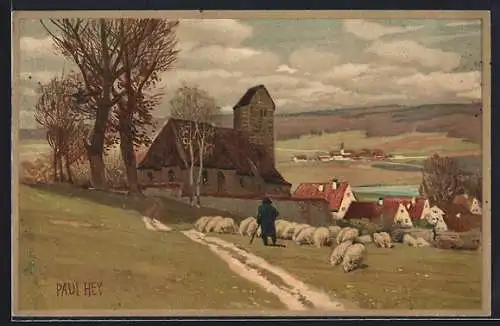 Künstler-Lithographie Paul Hey: Hirte mit Schafherde