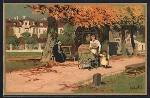 Künstler-Lithographie Paul Hey: Mutter geht mit ihren Kindern an einem Herbsttag spazieren