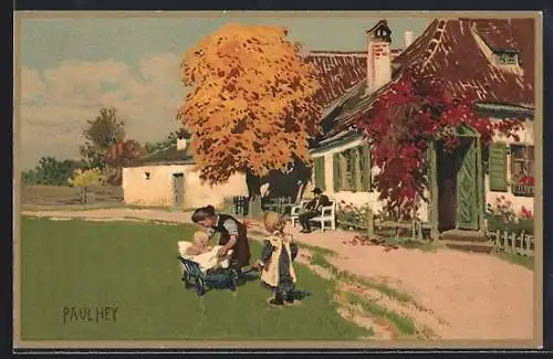 Künstler-Lithographie Paul Hey: Mutter mit Baby und Kleinkind im Herbst