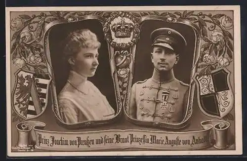 AK Prinz Joachim von Preussen in Husarenuniform mit seiner Braut Prinzessin Marie Auguste von Anhalt, Wappen