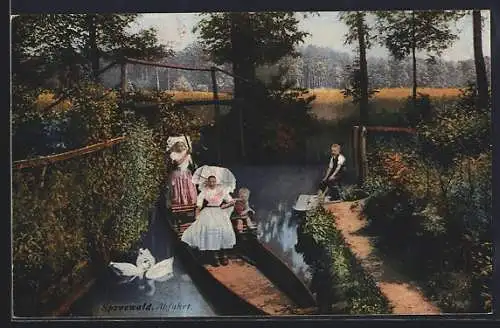 AK Spreewald, Abfahrt eines Spreewaldkahns mit Schwänen