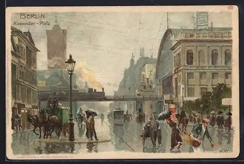 Künstler-AK Heinrich Kley: Berlin, Alexanderplatz im Regen, Strassenbahn, Pferde