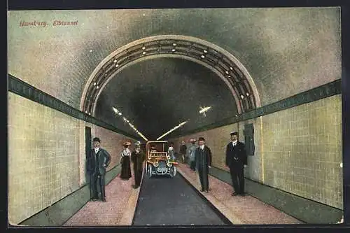 Künstler-AK Hamburg-St. Pauli, Elbtunnel, Innenansicht mit Automobil und Fussgängern