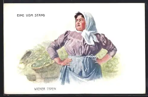 AK Wien, Eine ältere Händlerin steht vor ihrem Stand und wartet auf Kundschaft