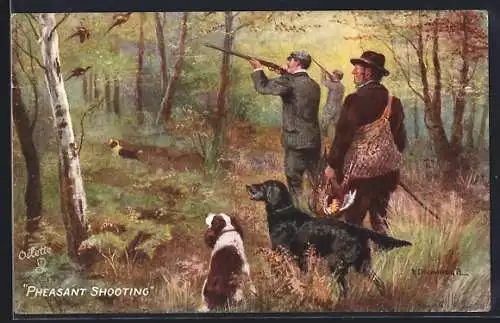 AK Pheasant shooting, Jäger mit Hunden zielen auf Fasane