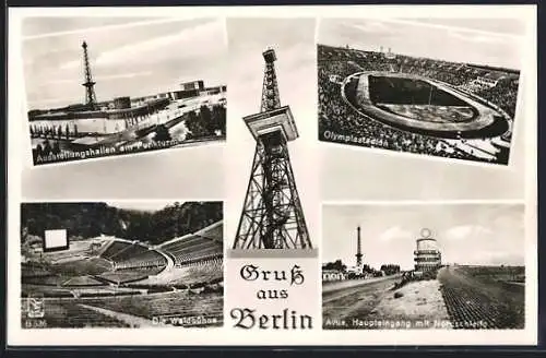AK Berlin, Autorennbahn Avus, Haupteingang mit Nordschleife, Olympiastadion, Waldbühne