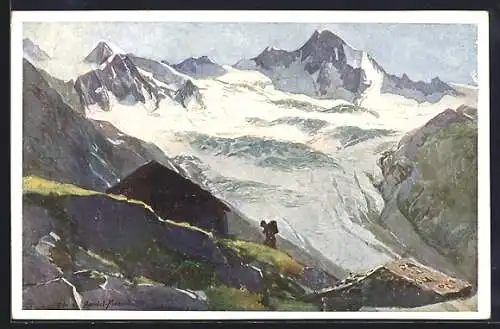 Künstler-AK Edo v. Handel-Mazzetti: Waxeckkees /Zillertal, Panorama und Mösele von der Berlinerhütte