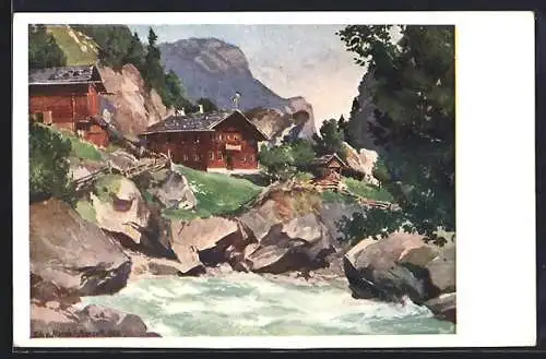 Künstler-AK Edo v.Handel-Mazzetti: Ginzling /Zillerthal, Gasthaus zum Karlsteg