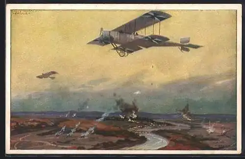 Künstler-AK Hans Rudolf Schulze: Doppeldecker beim Erkundungsflug an der Marne