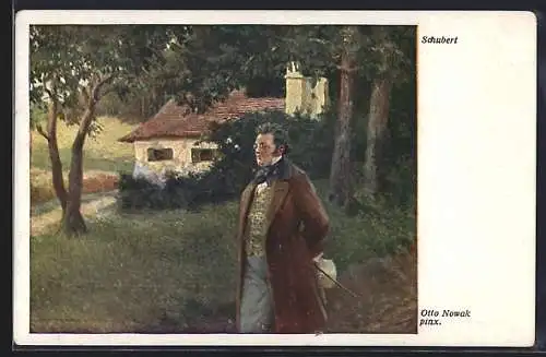 Künstler-AK Schubert vor einem Haus am Waldesrand stehend