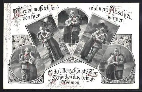 AK Deutscher Infanterist mit Pickelhauben-Überzug & Gewehr, Abschiedsszenen zum Kriegsausmarsch