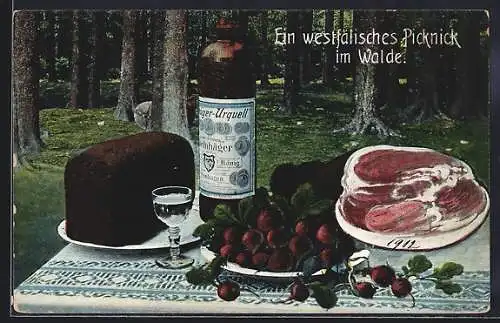 AK Westfälisches Picknick im Walde, Pumpernickel, Schinken und Radieschen