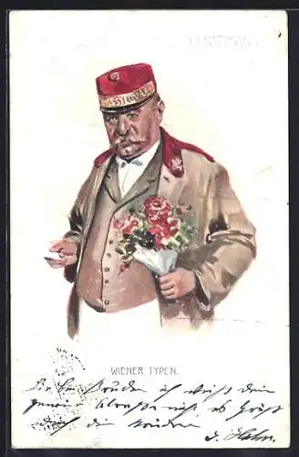 AK Wiener Typen, Dienstmann mit Blumen