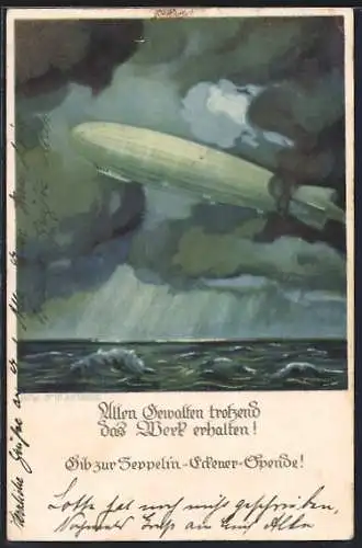 Künstler-AK Otto Amtsberg: Zeppelin im Sturm über dem Meer, Zeppelin-Eckener-Spende
