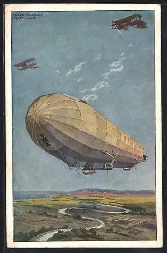 Künstler-AK Hans Rudolf Schulze: Dt. Luftflotten-Verein, Militärluftkreuzer Hansa im Kampf mit feindl. Fliegern