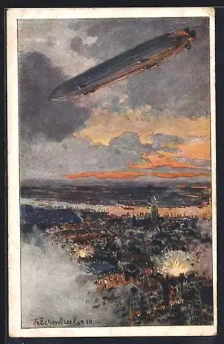 Künstler-AK Themistokles von Eckenbrecher: Antwerpen, Zeppelin beim Bombenangriff auf die Stadt