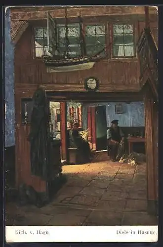 Künstler-AK sign. Rich. v. Hagn: Husum, Diele mit Modellschiff