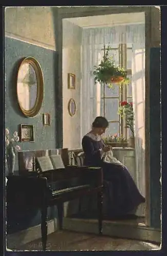 Künstler-AK sign. Alfred Broge: Im Erker, Dänische Kunst