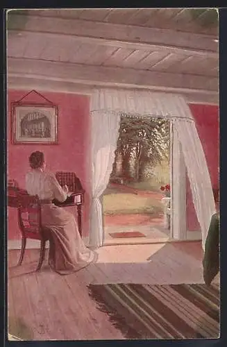 Künstler-AK sign. Sigvard Hansen: In der Sommerfrische, Dame am Fenster, Dänische Kunst