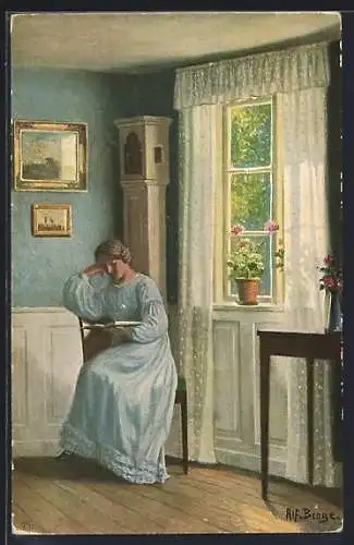 Künstler-AK sign. Alfred Broge: Ihr Lieblingsroman, Dänische Kunst