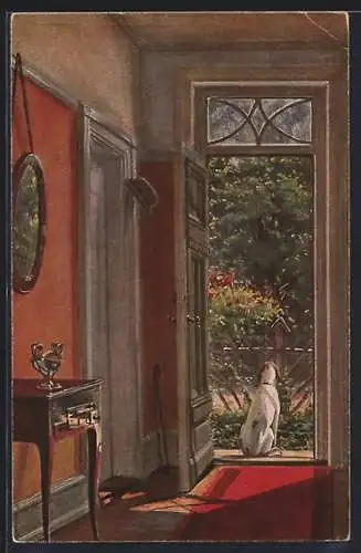 Künstler-AK sign. Sigvard Hansen: Der Hausgarten, Hund auf der Türschwelle