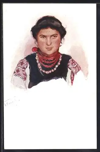 Künstler-AK sign. Petro Kholodny: Ukrainerin in traditioneller Kleidung