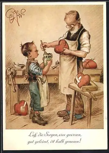 Künstler-AK Heinz Geilfus: Mann leimt Herzen in seiner Werkstatt