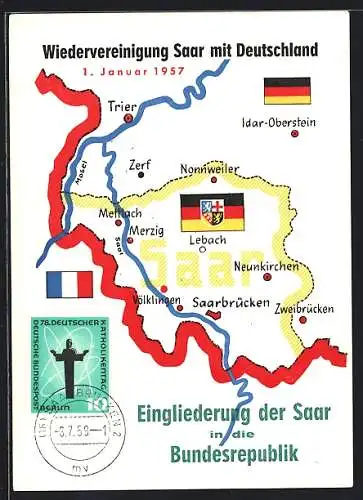 AK Eingliederung der Saar in die Bundesrepublik 1957, Landkarte