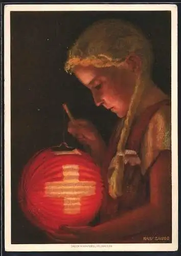 Künstler-AK Schweizer Bundesfeier 1936, Mädchen mit Laterne